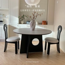 白色岩板餐桌复古风家用小户型黑色白蜡木高端圆形实木吃饭饭桌