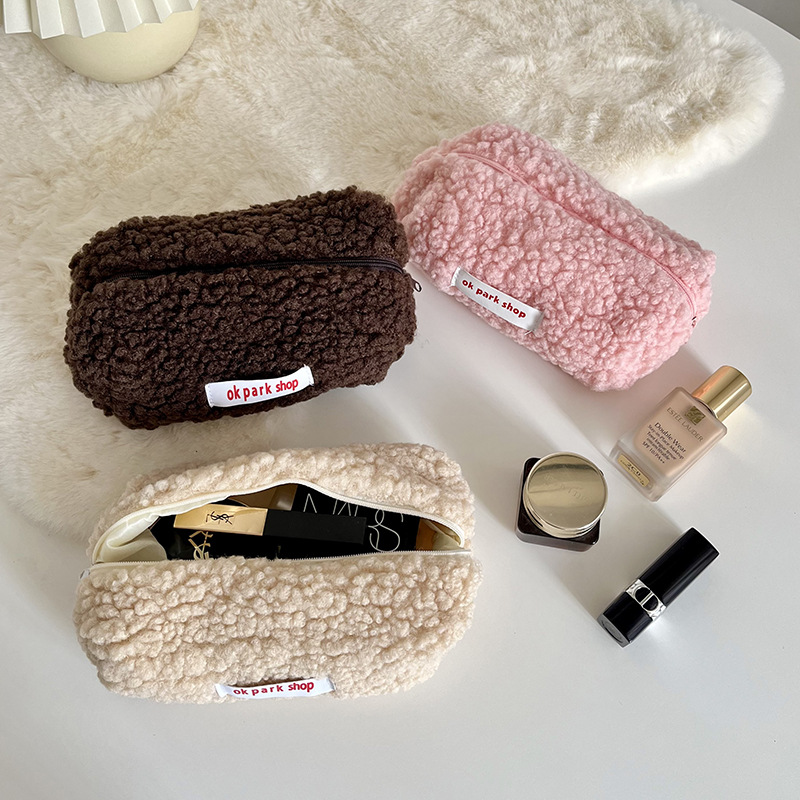 ins japanese plush cosmetic bag lamb wool buggy bag cute student large capacity pencil case coin purse stationery case