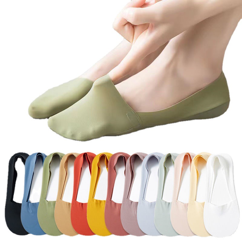 Women's Ankle Socks Summer Ice Silk Invisible Thin Candy Color Seamless Shallow Mouth Socks Cotton Base Silicone Non-Slip No Heel Slippage