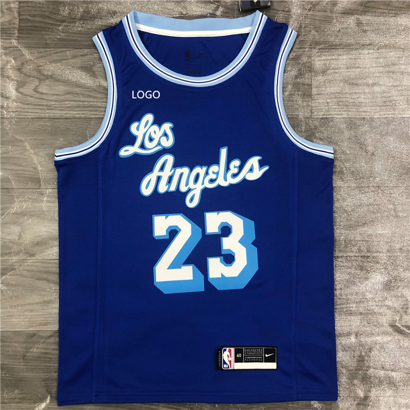 21赛季湖人队复古蓝色 热压布印拉丁文明星号球衣 厂家批发 代发