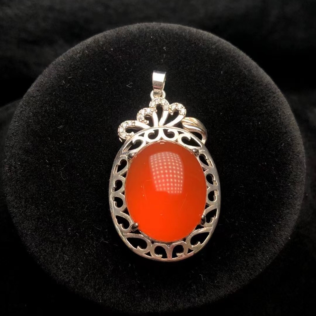 天然保山南红冰红吊坠 s925银电镀白金 高冰起荧光 戒面饱满厚实