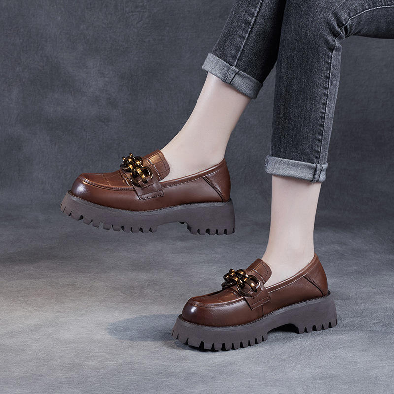 英伦风小皮鞋女厚底乐福鞋女一脚蹬软皮女鞋真皮英伦风复古单鞋女