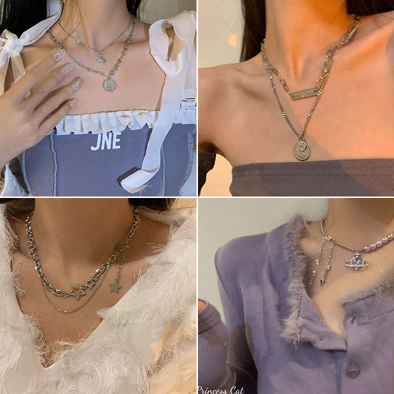 European and American Style Fashion Double Layers Loving Heart Necklace Female Stitching Cold Style Female Hip Hop Long Sweater Sweater Chain Ins Fashion