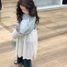 韩版童装2023秋季新款女童条纹打底衫蕾丝罩衫牛仔喇叭裤三件套潮
