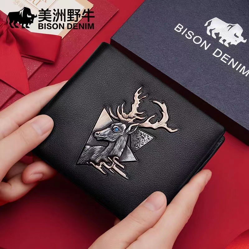美洲野牛品牌鹿头图案男士短款钱包头层牛皮多功能钱夹卡包钱包