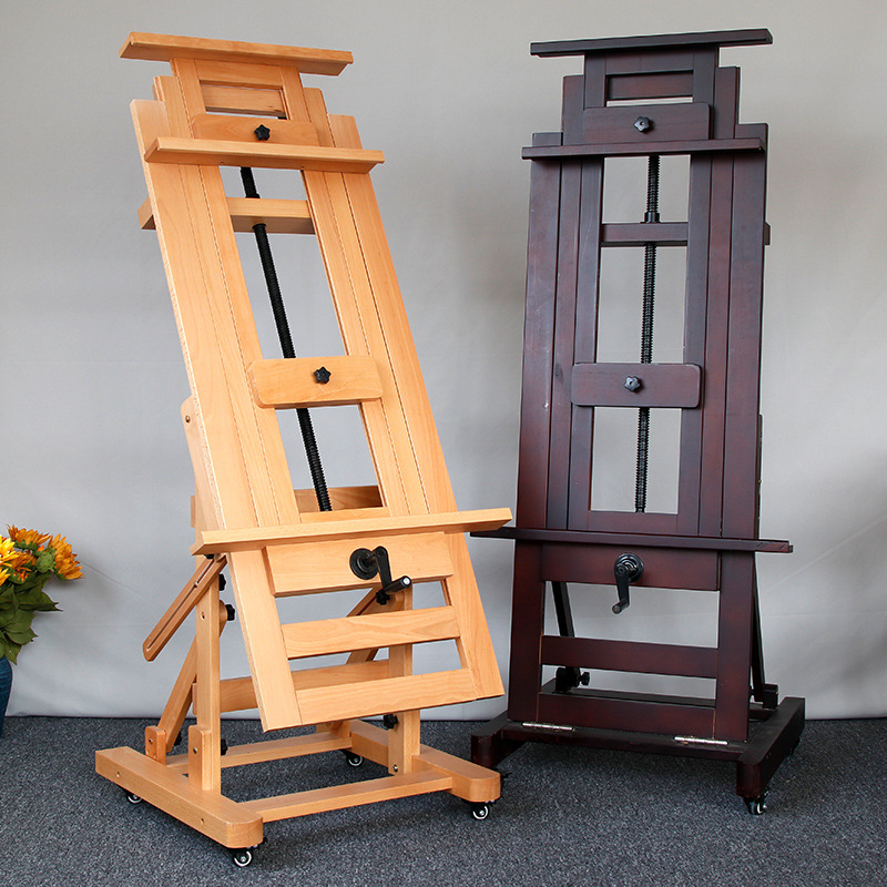 dhj-2单摇杆实木制落地式手摇大画架平立两用可调节专业油画架子