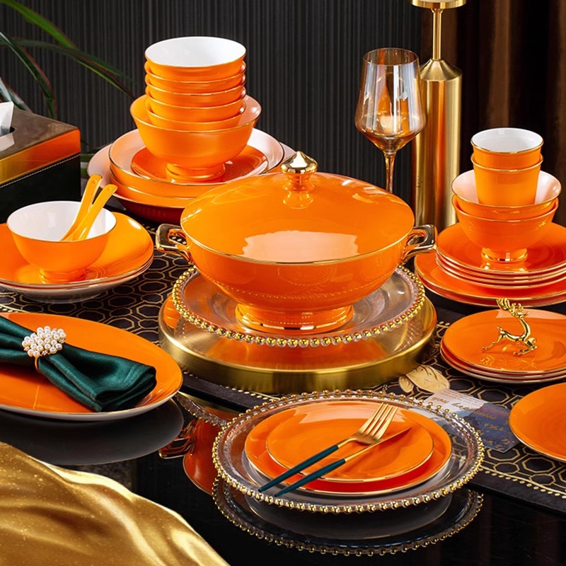景德镇骨瓷餐具套装轻奢乔迁饭碗盘爱马仕橙高档金边碗碟套装家用