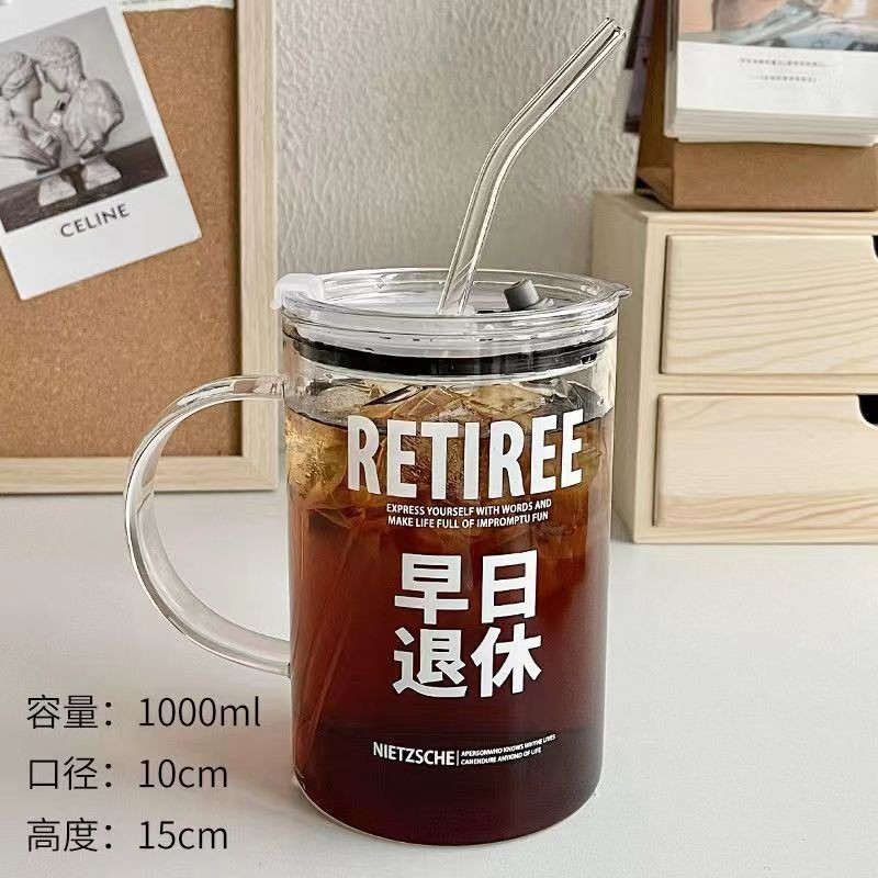 Ins Internet Celebrity Large Capacity Borosilicate Scale Glass Drinking Cup Glass Cup with Lid and Straw