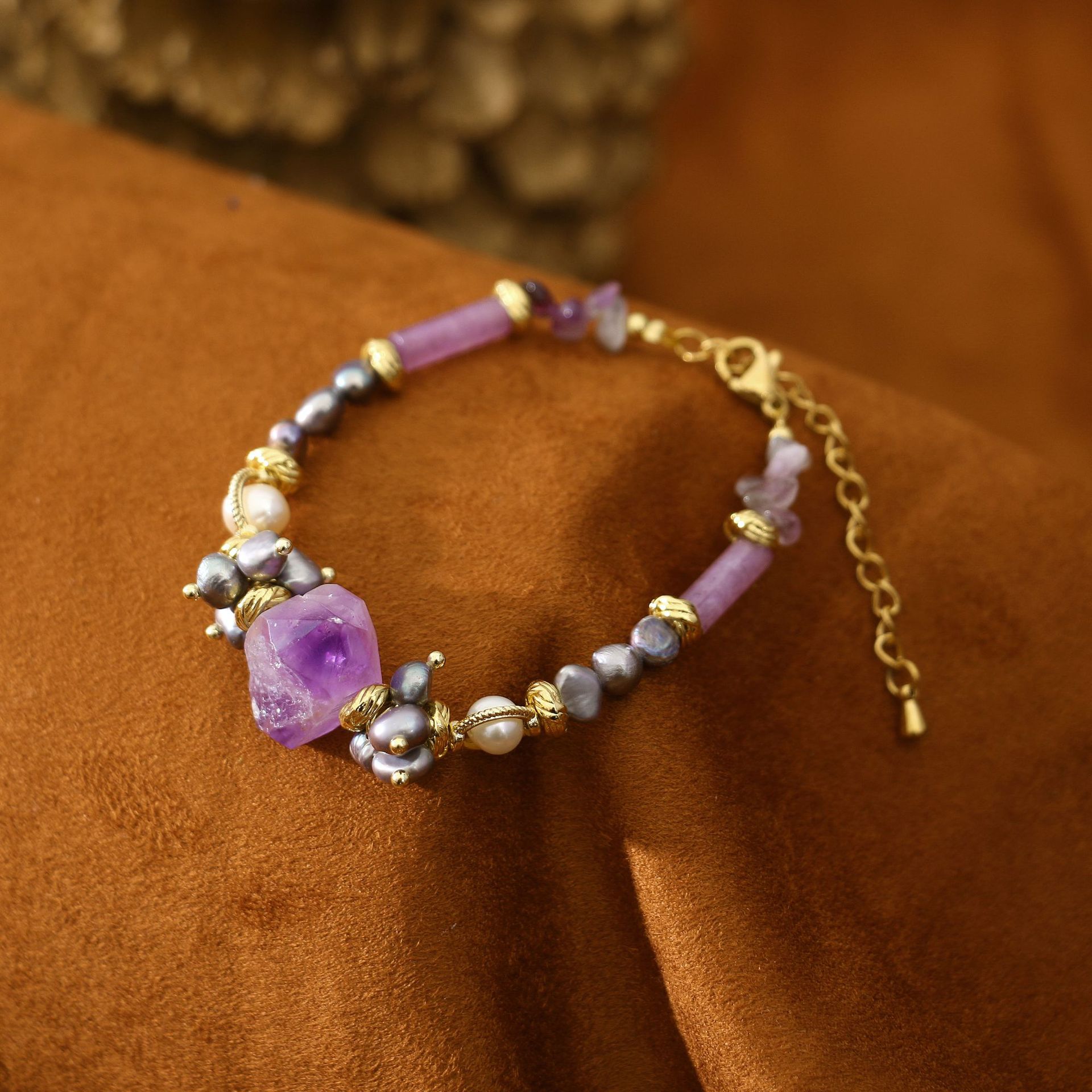 Gray Pearl Amethyst Baroque All-Match Bracelet Niche Design Light Luxury Bracelet Girlfriends Student Jewelry