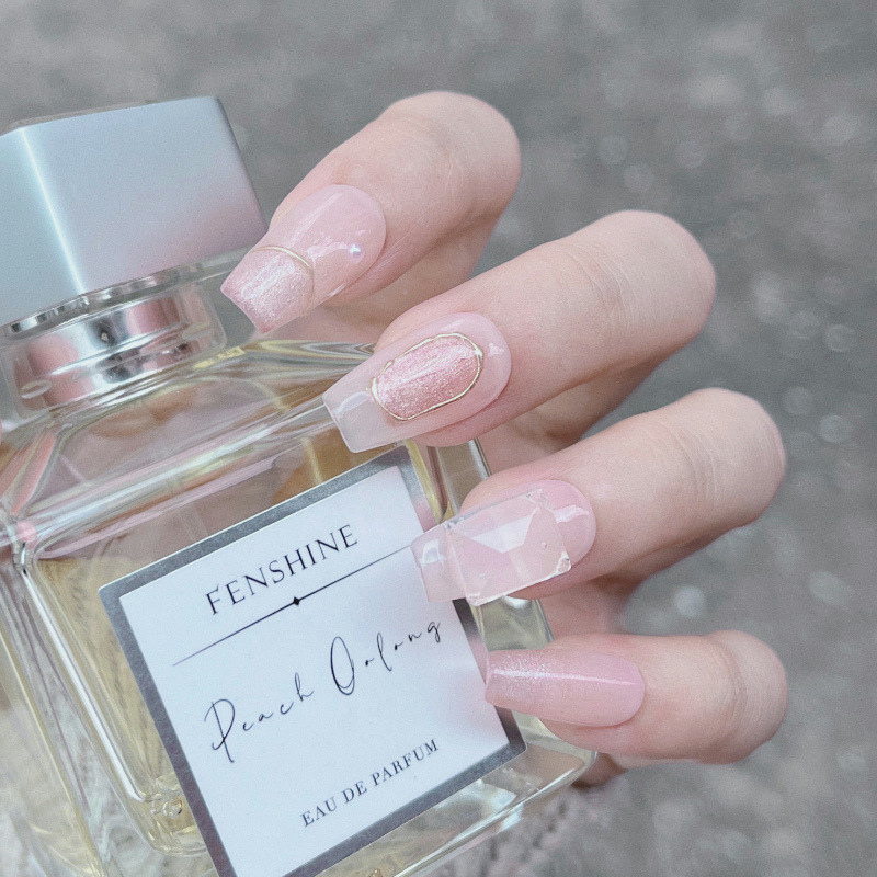 猫眼粉色渐变法式冰糖方钻长款t型穿戴甲纯手工穿戴甲假批发美甲