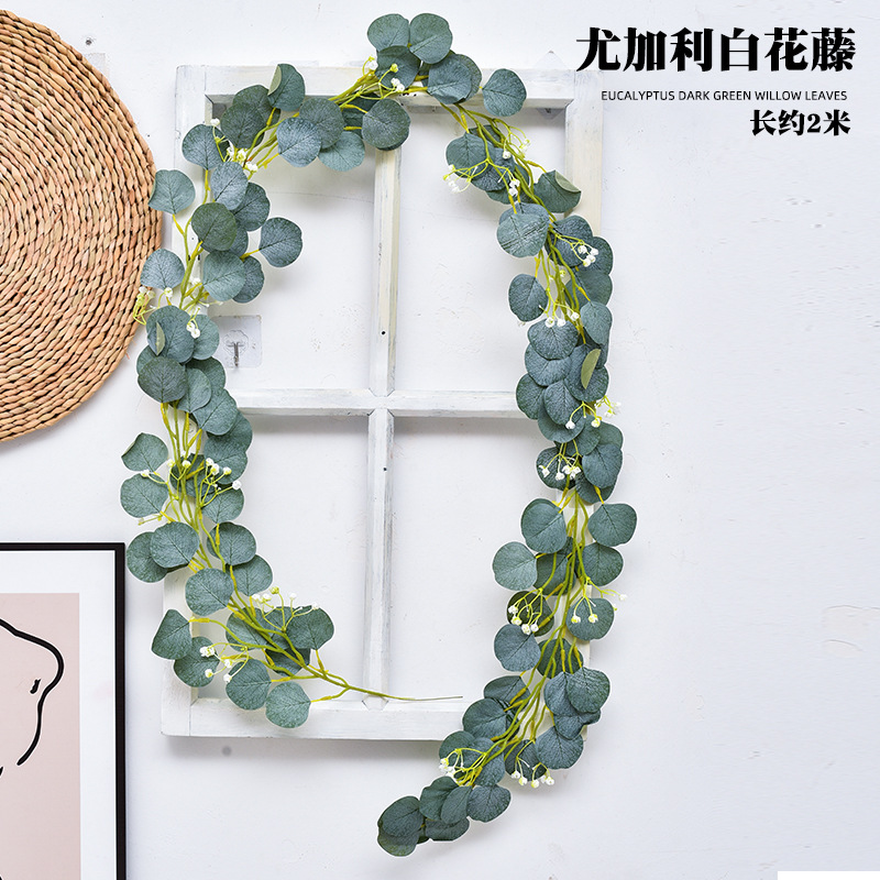 Emulational Eucalyptus Rattan Plant Leaves Vine Winding HANAFUJI Ins Plastic Wedding Hanging Rattan Ornamental Flower Fake Flowers