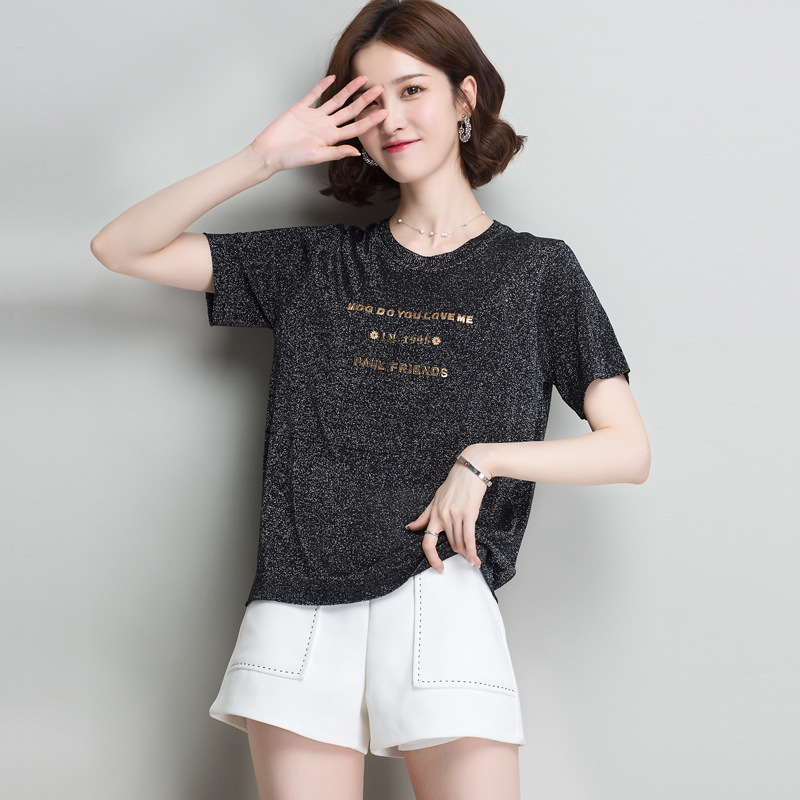 夏季冰丝短袖t恤女装圆领烫字母韩版休闲宽松亮丝薄款针织上衣潮