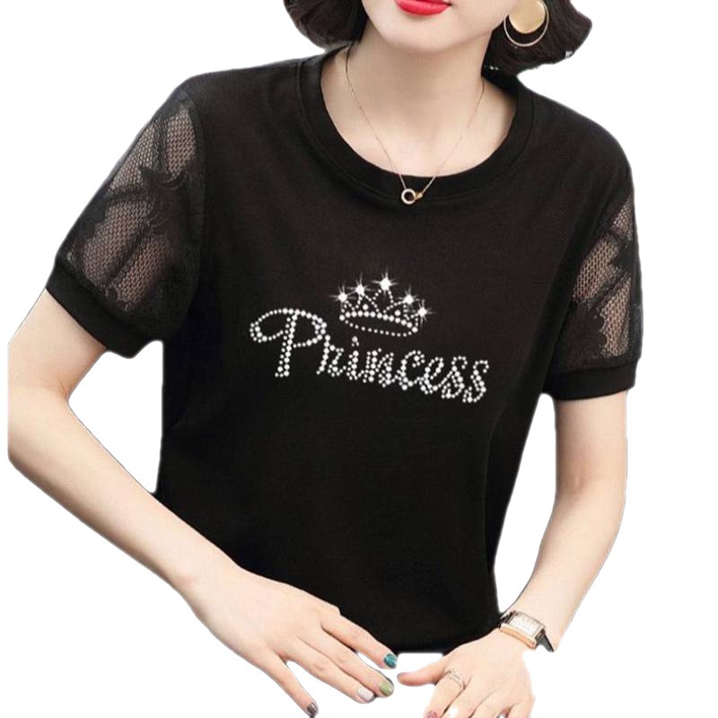 Short Sleeve Shirt Women's Western Style Small Shirt 2023 New Korean Mesh Half Sleeve Stitching Black T-shirt Mom Summer Clothes Fashion