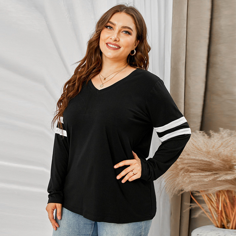 Shiying Autumn and Winter New V-neck plus Size Women's T-shirt Cross-Border Foreign Trade Women's Long Sleeve Loose plus Size Contrast Color Top Women