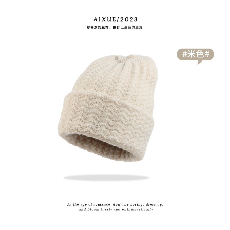 23 New Hat Female Acrylic Knitted Cap Foreign Trade Hat European and American Autumn and Winter Imitation Cashmere Solid Color Knitted Woolen Cap