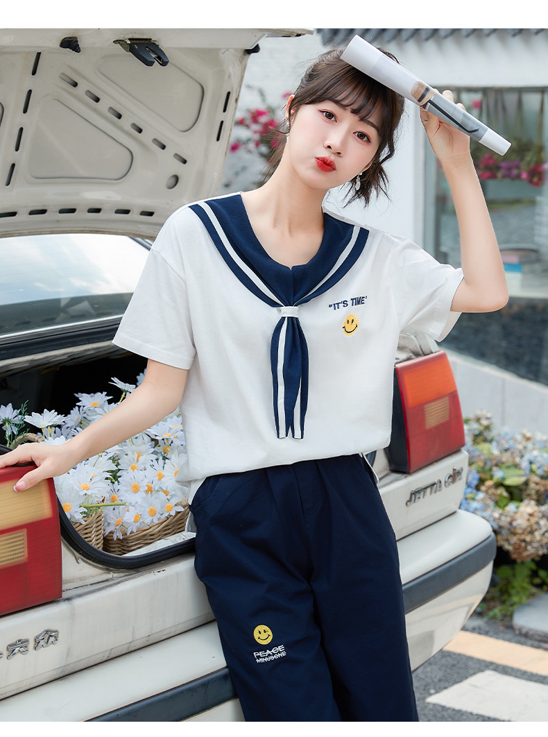 实拍初中生夏装套装女新学院风海军领高中生七分裤jk校服两件套