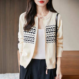 双拉链纯棉针织miu系开衫女圆领拼色提花毛衣宽松休闲短外套上衣