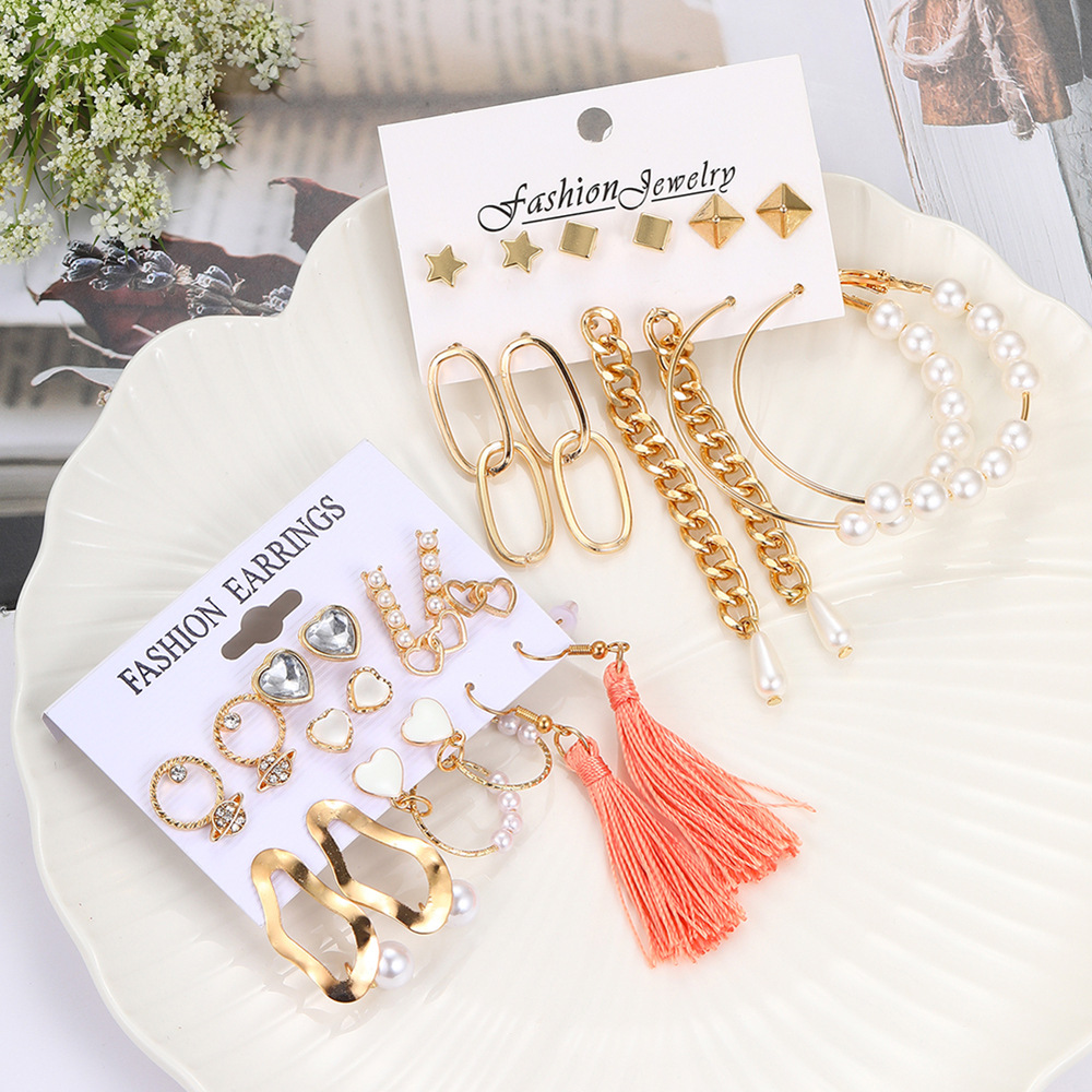 Foreign Trade Europe and America Cross Border Ornament Female Personality Ins Love Pearl Tassel Earrings Nine Pairs Set Earring Set