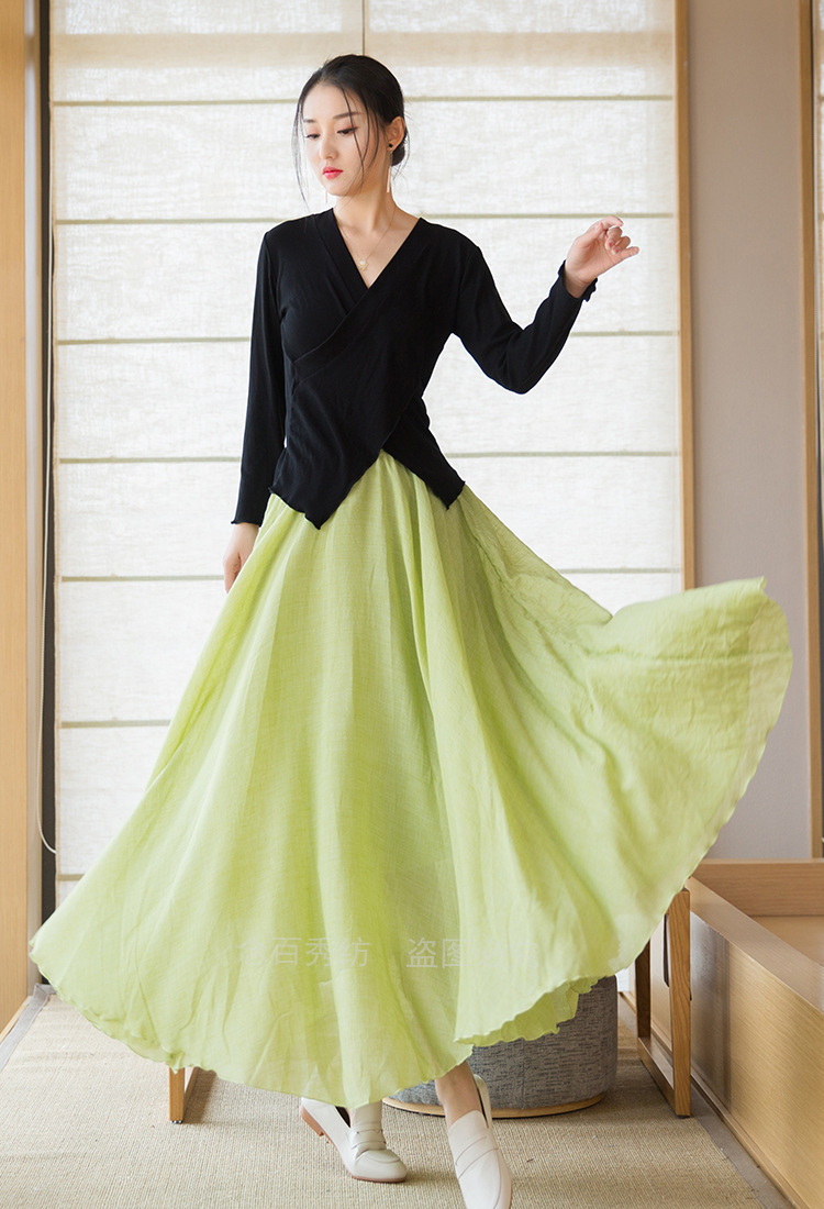 22女装新品夏季极简棉麻飘逸半身裙松紧高腰大摆长裙仙气旅拍裙子