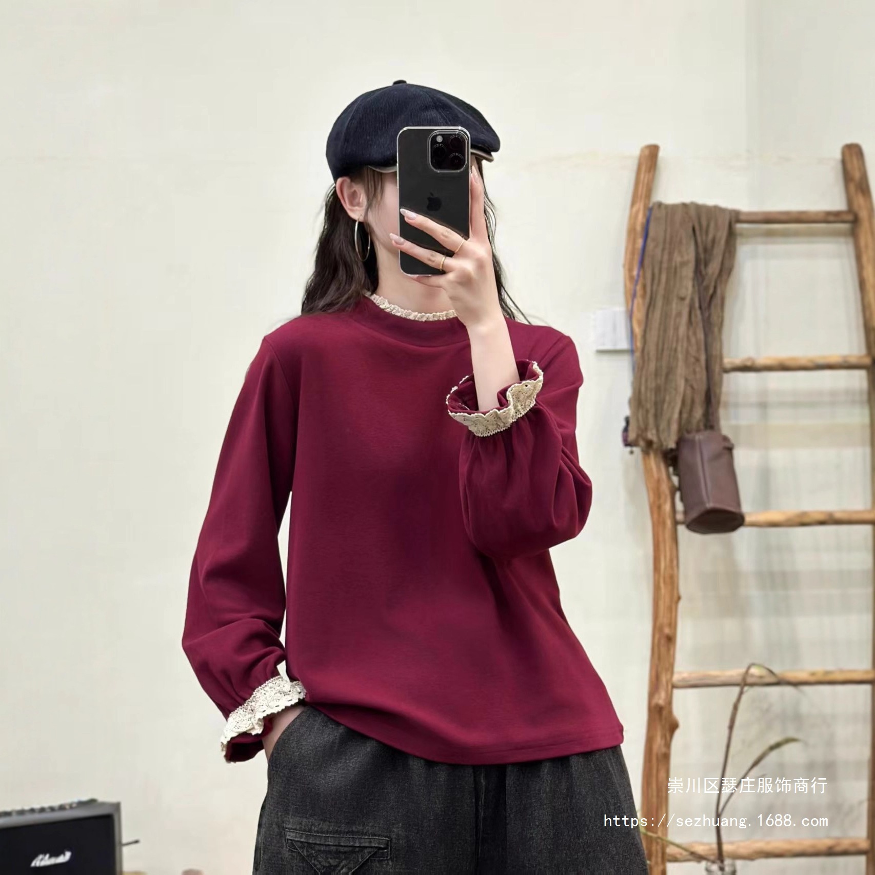 德绒打底衫 2025冬季新款 保暖蕾丝花边拼接半高领长袖上衣女5533