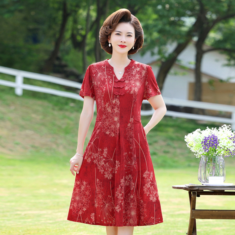Summer Mom Dress Elegant New Western Style Noble 50-Year-Old Middle-Aged and Elderly Women's Fashion Elegant Short Sleeve Skirt