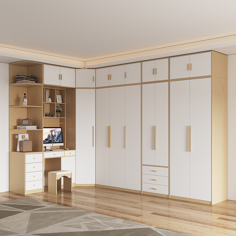 北欧转角衣柜带书桌一体家用卧室现代简约90度拐角连体电脑桌组合