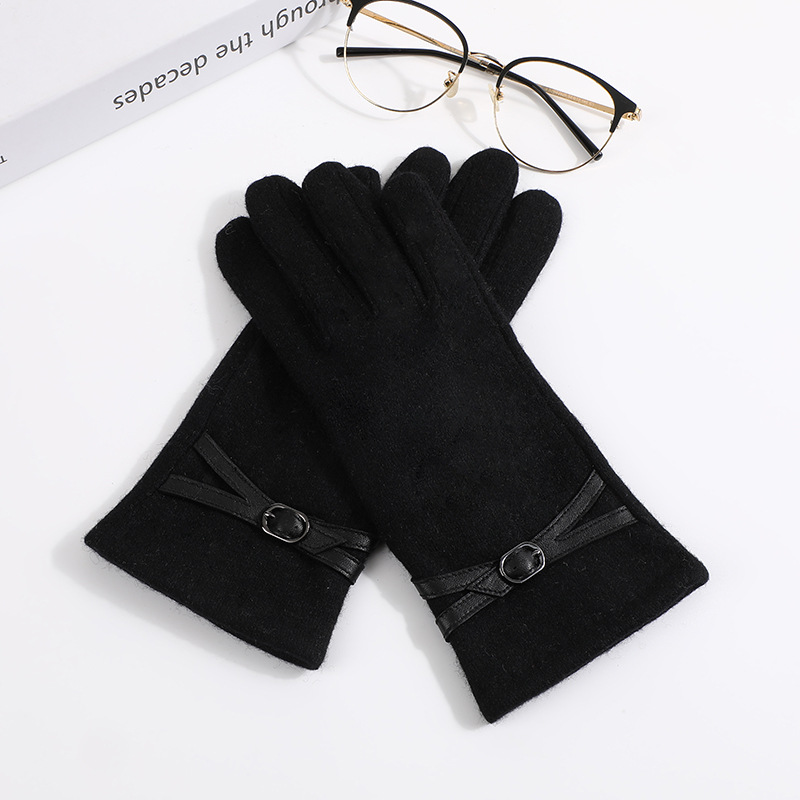 Factory Direct Sales Solid Color Women Woolen Gloves Autumn and Winter Warm Gloves Velvet Lined Pashm Gloves for Women