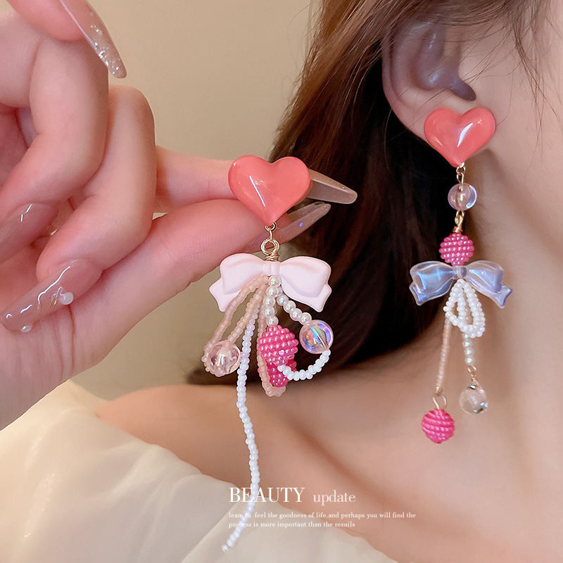 Silver Needle Colorful Heart Bow Flower Gravel Tassel Earrings Sweet Personality Earrings Niche High-Grade Earrings