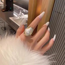 韩国不规则几何珍珠开口戒指时尚小众设计感指环高级百搭气质手饰