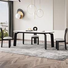 岩板餐桌法式复古长方形白蜡木中古侘寂风小户型黑色桌椅组合