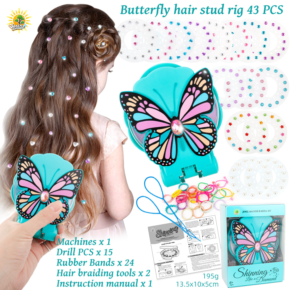 Cross-Border Multiple Hair Diamond Sticker Toy Girl Butterfly Nail Drill Dress up Hair Accessories Set Magic Rhinestone Device
