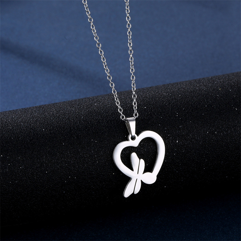 Cross-Border Trend Stainless Steel Hollow Heart Dragonfly Pendant Necklace and Earring Suit Female Heart Clavicle Chain Ins Style