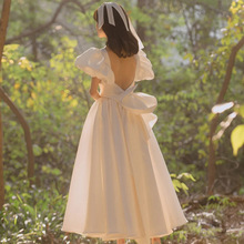 法式轻婚纱2024新款气质缎面泡泡袖露背公主风白色小礼服平时可穿