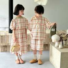 童套装2024夏款男女童韩版彩色格子连衣裙儿童休闲短袖短裤两件套