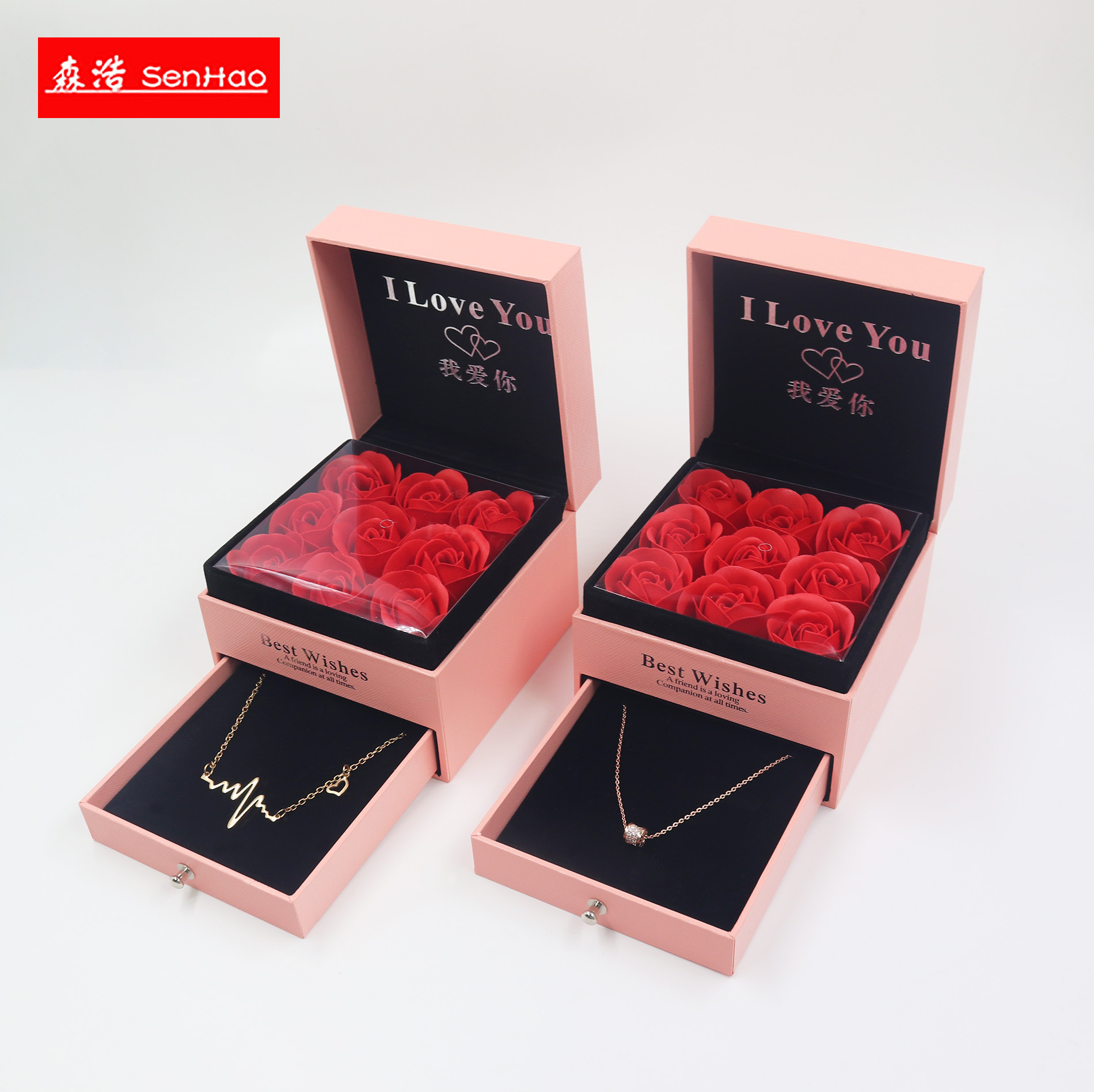 粉色礼盒 玫瑰花首饰盒 永生花双层项链盒 饰品盒子情人节礼物盒