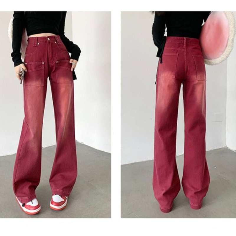 American Retro Red Jeans Women's Straight Loose Ins Fashion Design Hot Girl High Waist Slim-Fit Wide-Leg Pants
