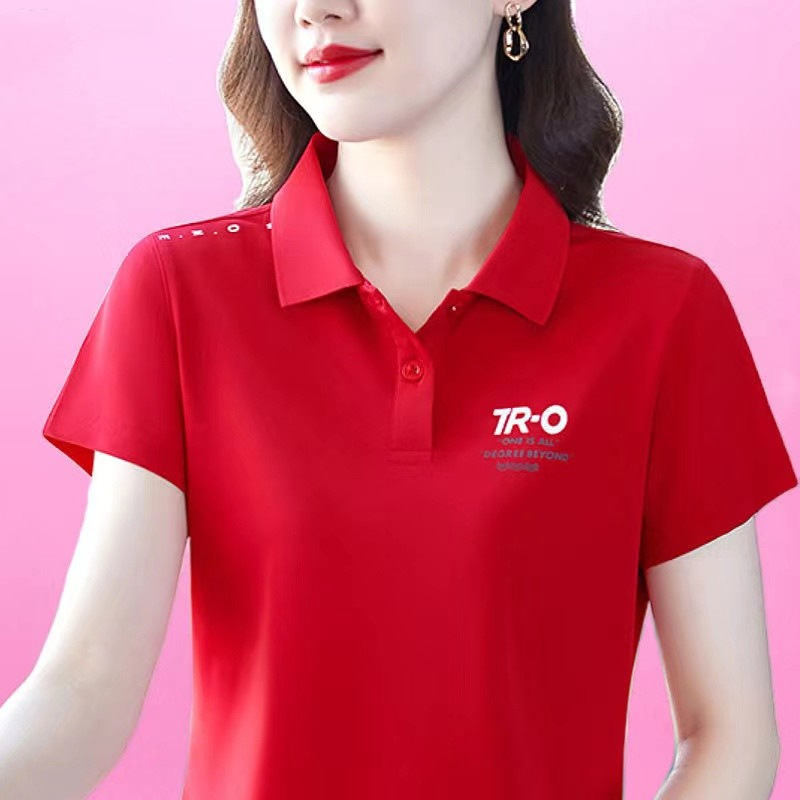 2024 New Short-Sleeved T-shirt Women's Sports Lapel Polo Shirt Summer Elegant Top Large Size Middle-Aged Mom Wear