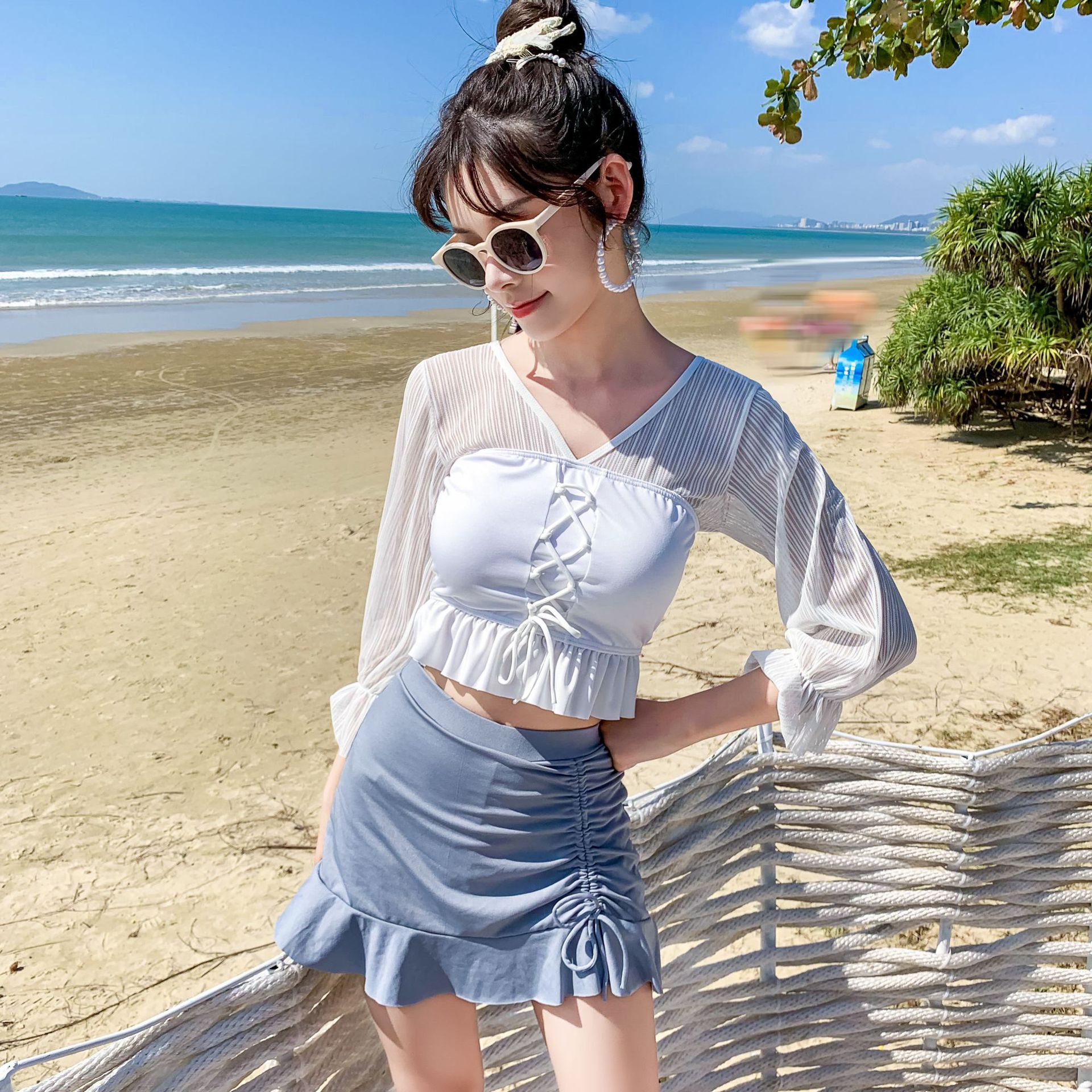 泳衣女2021新款温泉遮肚显瘦保守裙裤长袖性感抽绳韩国ins仙女范