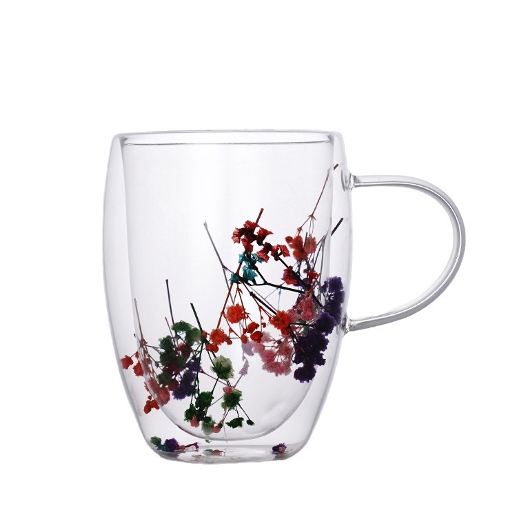 Export Wholesale Borosilicate Double Layer Dried Flower Cup High Temperature Resistant Flower Glass with Handle Ins Milk Fruit Tea Cup