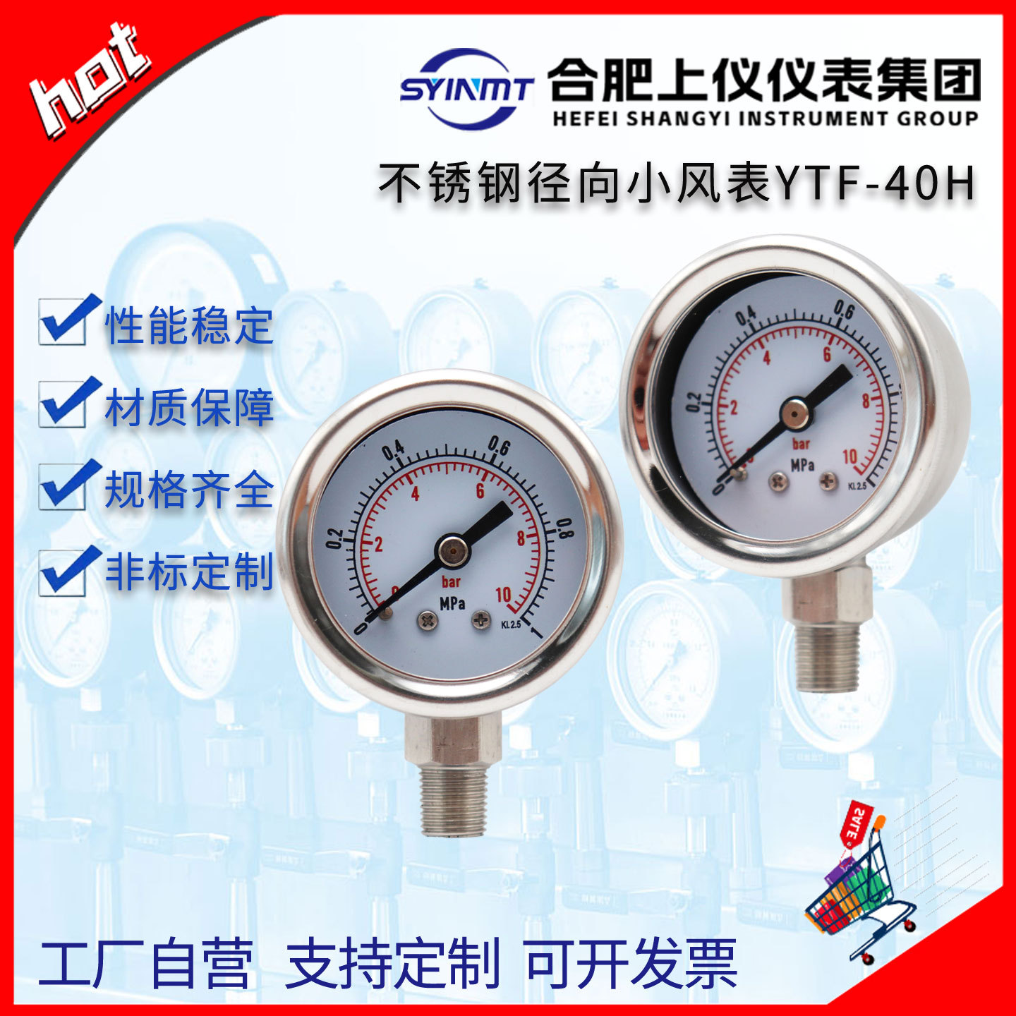 小风表YTFN40H径向1.6MPa不锈钢压力表Y40BF 耐震Y40BFZ上仪仪表