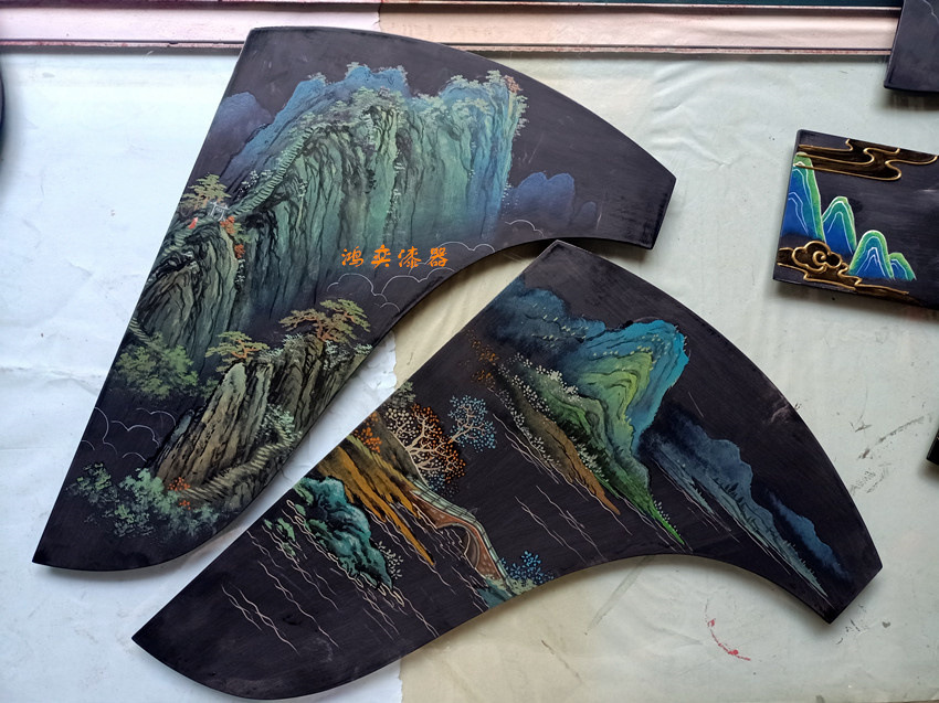国风手工绘山水漆画古筝配件花板描金彩绘装饰板标准尺寸创意画板