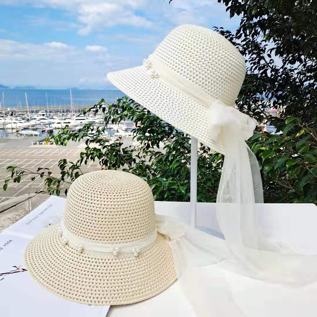 小清新防晒帽子女时尚珍珠网纱折叠草帽海边沙滩帽夏天凉帽太阳帽