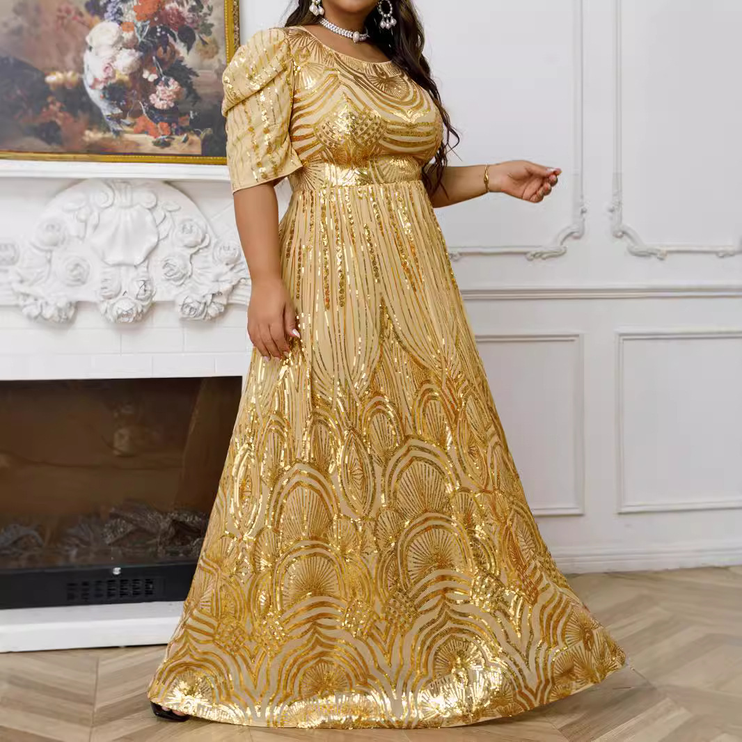 欧美大码女装跨境亚马逊速卖通重工定位亮片珠片大码连衣裙大摆裙