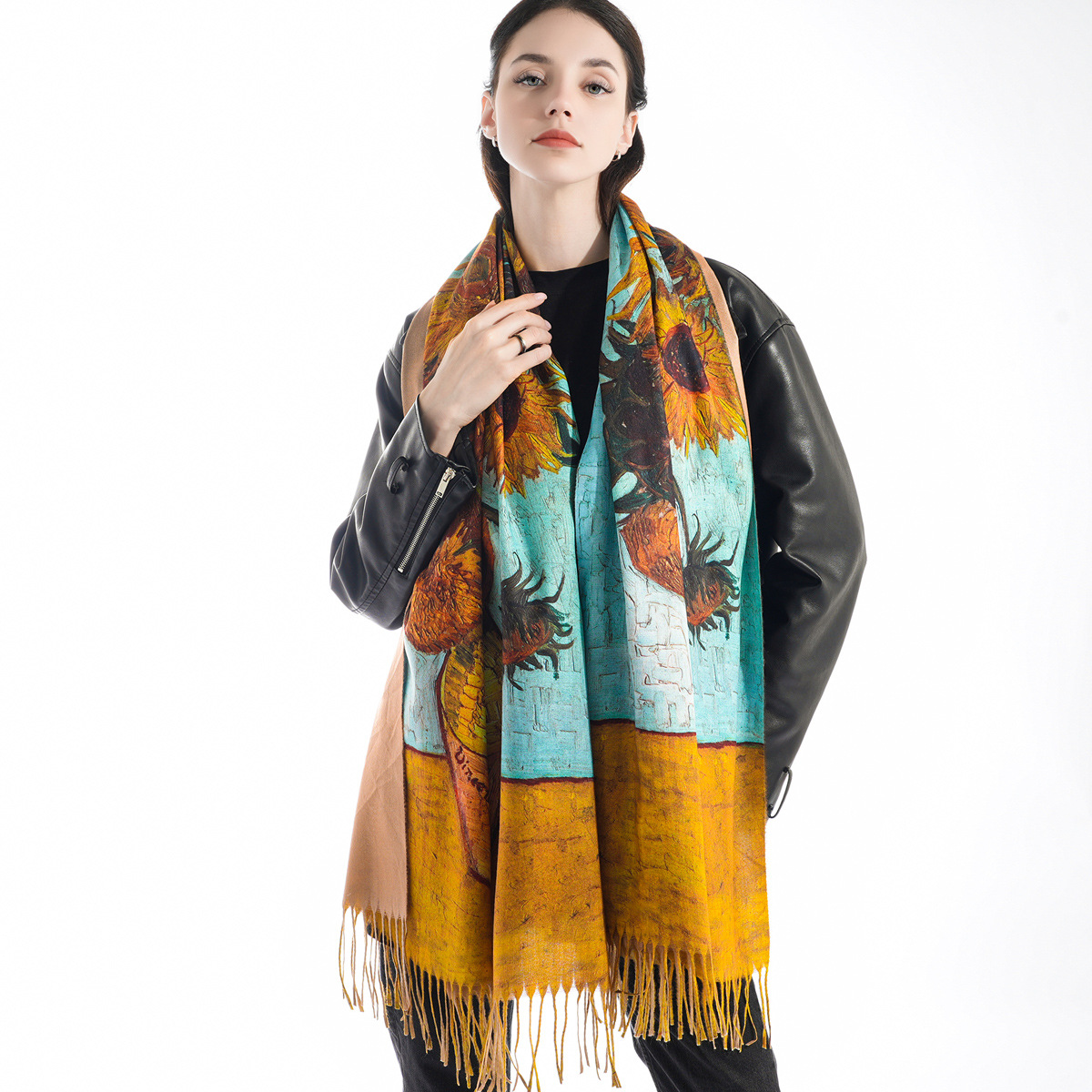 Foreign Trade European and American Cashmere Oil Painting Style Tassel Shawl Female Digital Vintage Print I Oil Painting Tie-Dyed Warm Scarf