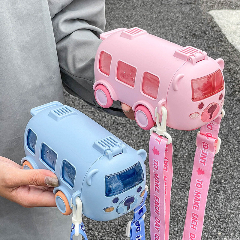 Children's Water Cup Summer Car Baby Bus Straw Cup Plastic Drop-Resistant Boy Primary School Student Kettle School
