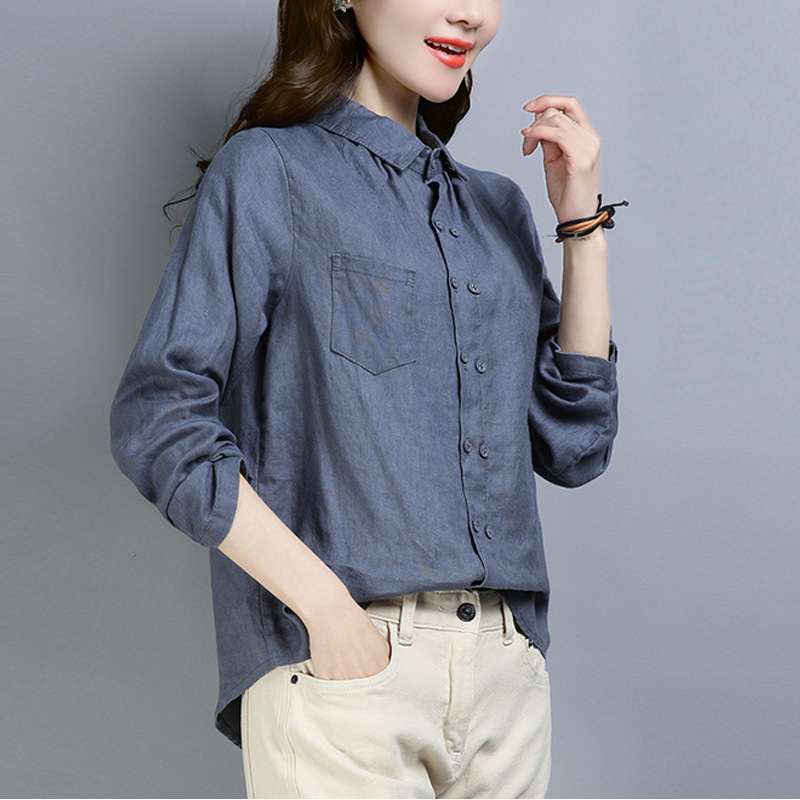 棉麻衬衫女复古港味长袖2020秋季休闲韩版宽松棉麻上衣休闲衬衣潮
