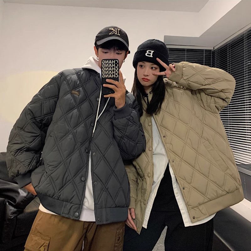 Cotton Coat Male and Female Couples Wear Cotton Coat Winter New Loose Lapel Diamond Lattice Trendy Leisure Warm Cotton Coat Jacket