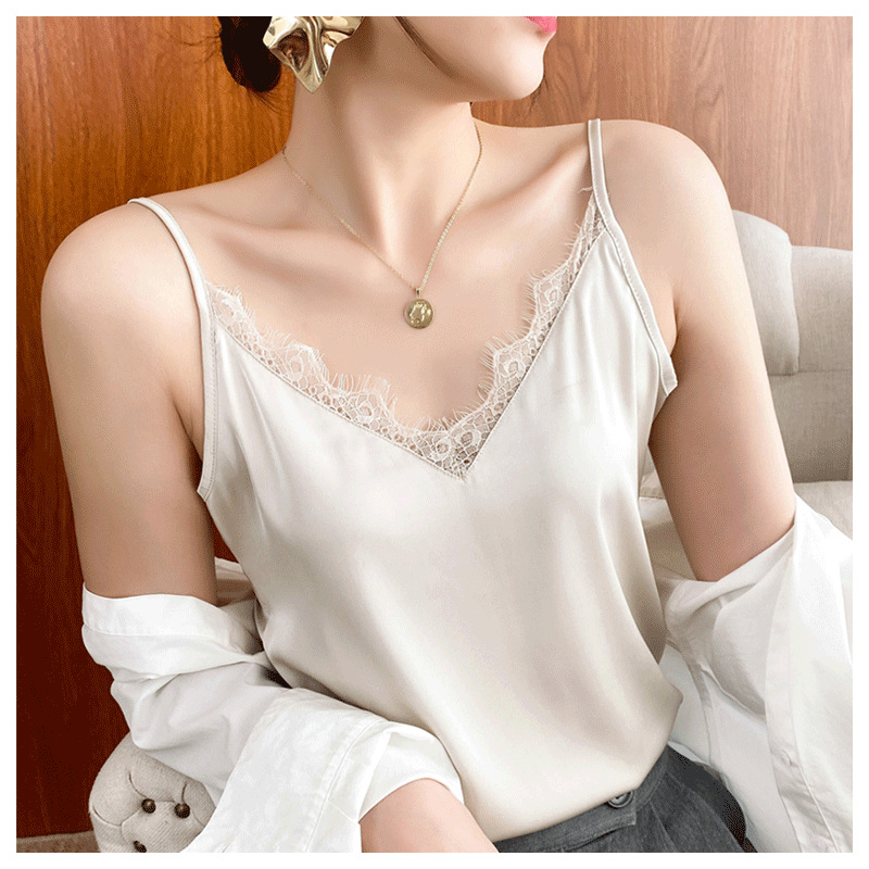新款v领小蕾丝肩吊带背心女夏花边打底上衣百搭绸面内搭细吊带