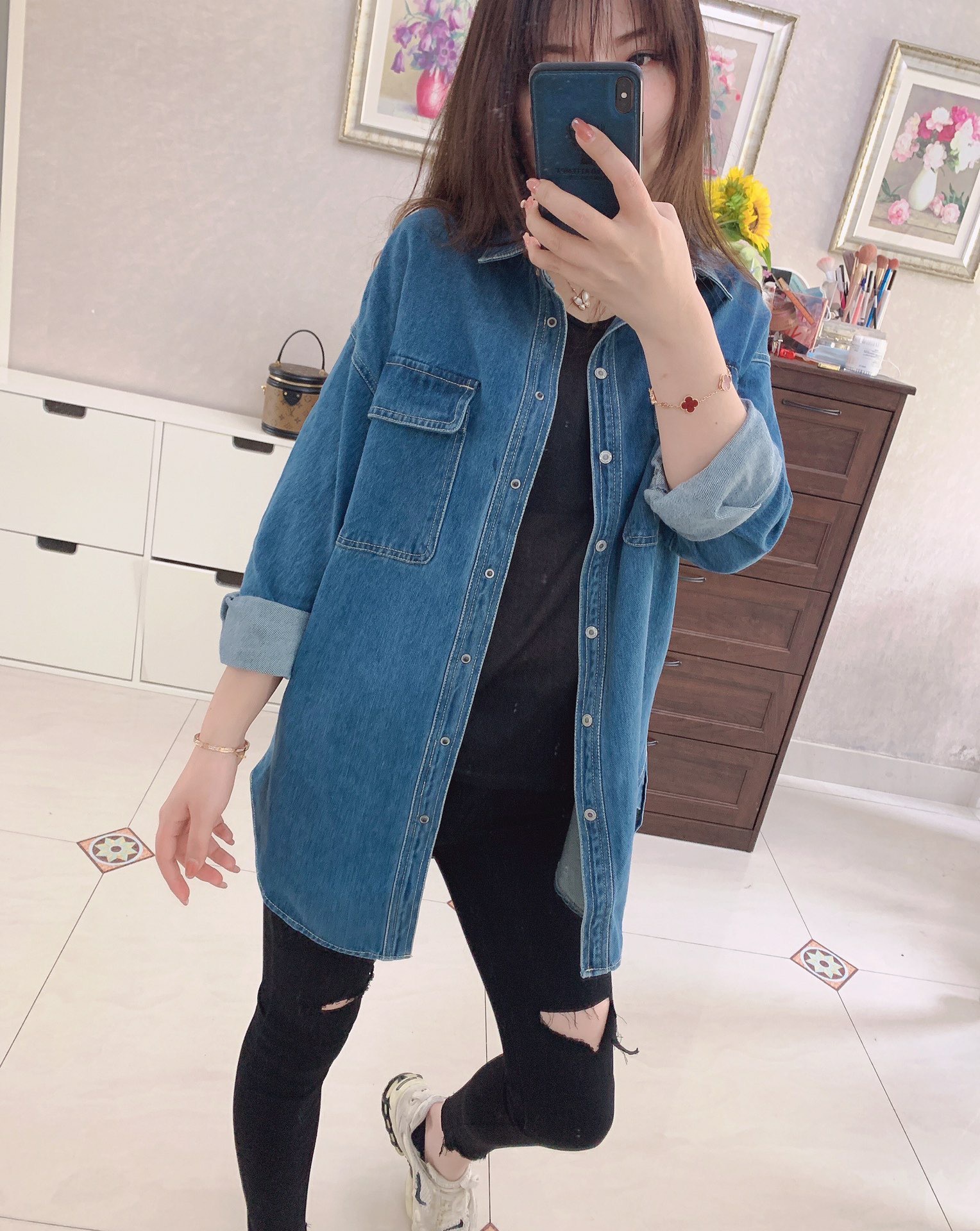 2022春款 棉质舒适洋气中长款牛仔衬衫上衣外套女春新款cs1601c