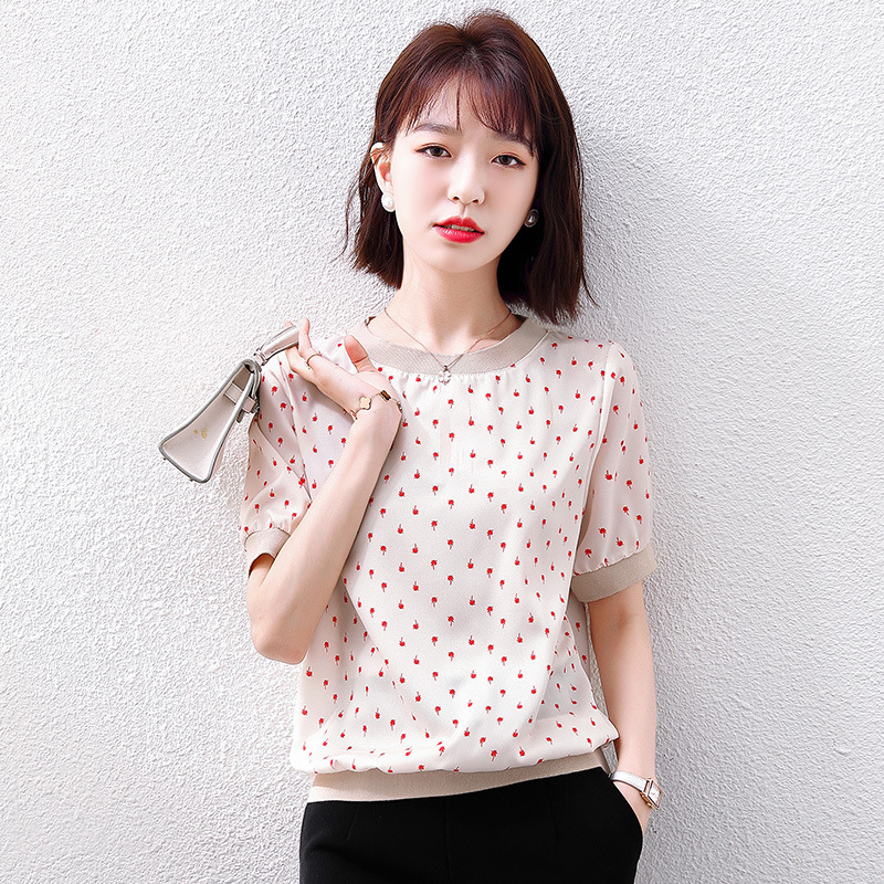 实短袖t恤女夏季新款碎花雪纺衫甜美洋气小衫宽松圆领上衣bl#3845